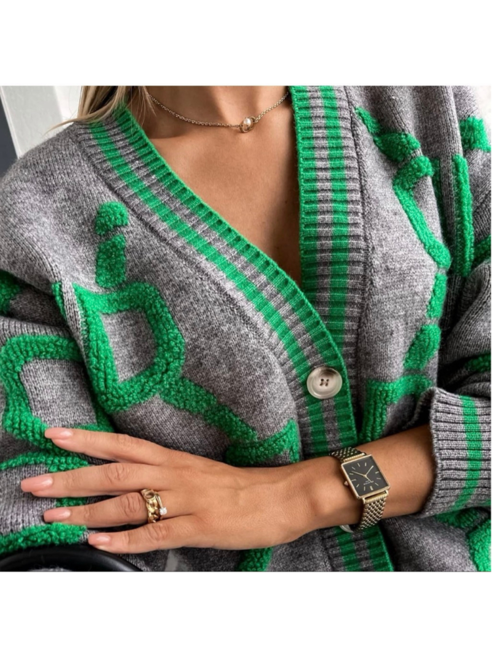 NEW Cardigan Oversized Button Down Long Sleeve Geometric Loose Sweater L - Picture 5 of 8